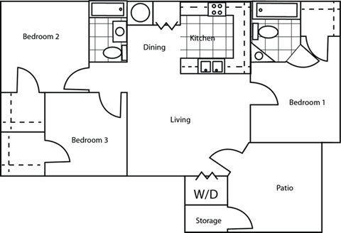 A floor plan of a house with three bedrooms, a kitchen, a dining area, a living room, a patio, and a storage area.